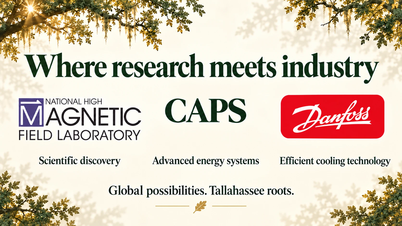 Where research meets industry: National High Magnetic Field Laboratory, scientific discovery; CAPS, advanced energy systems; Danfoss, efficient cooling technology. Global possibilities. Tallahassee roots.