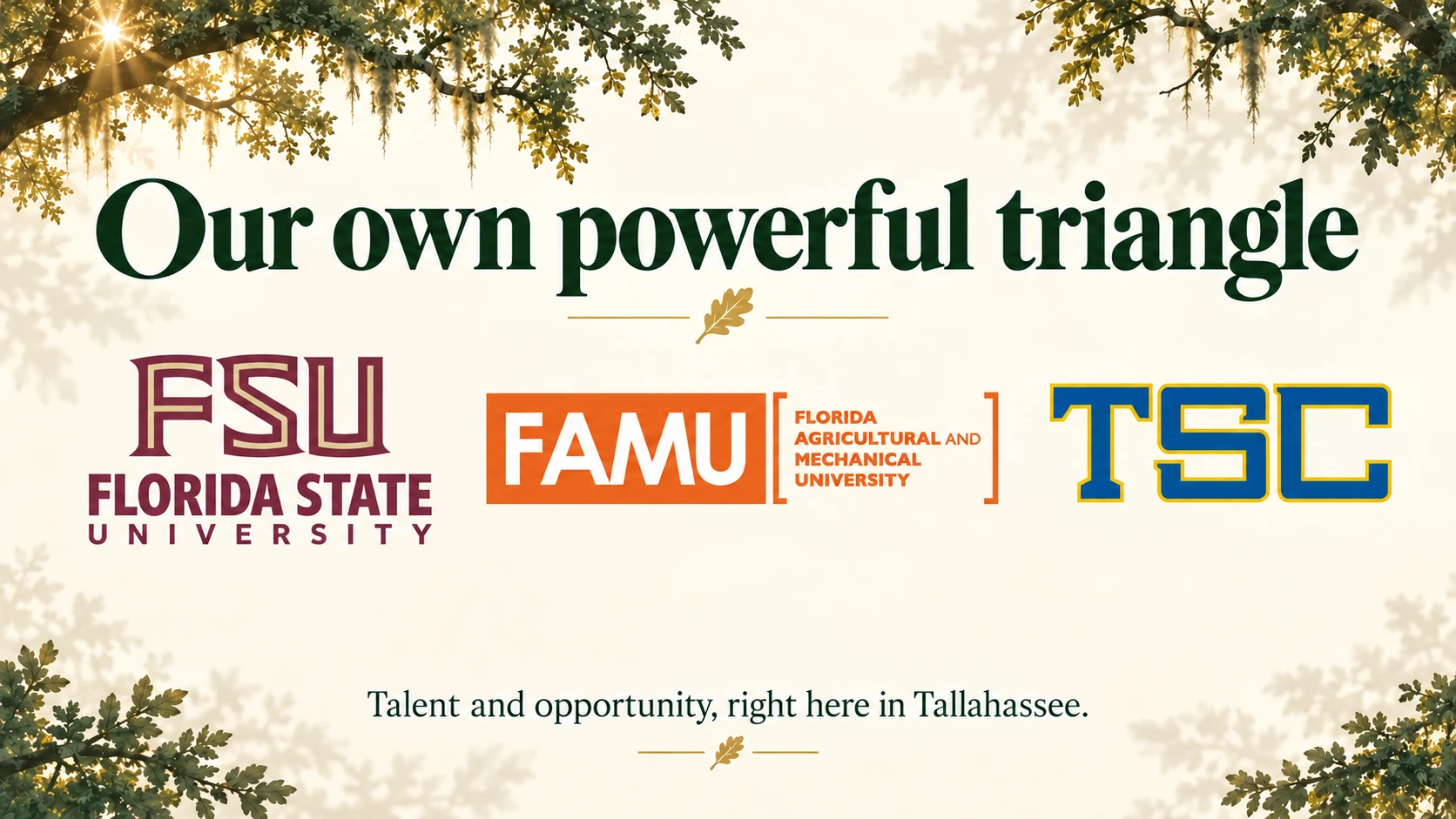 Our own powerful triangle: Florida State University, Florida A&M University, and Tallahassee State College. Talent and opportunity, right here in Tallahassee.
